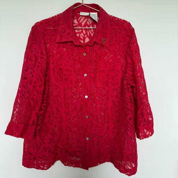 White Stag Shirt Women XL Red Sheer Romantic Coquette Vintage 90s Whimsical Vamp - Picture 2 of 6